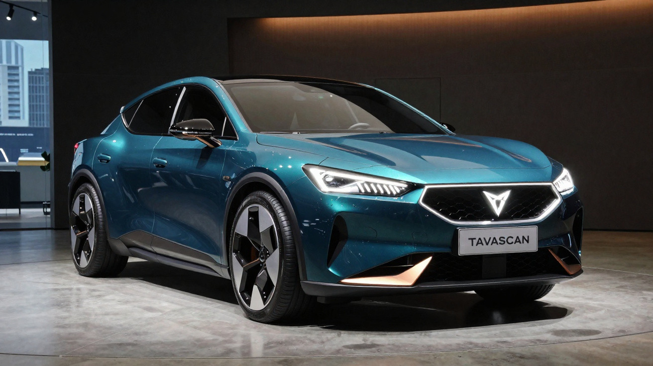 Automóvel elétrico Cupra Tavascan azul escuro estacionado em ambiente interior moderno.