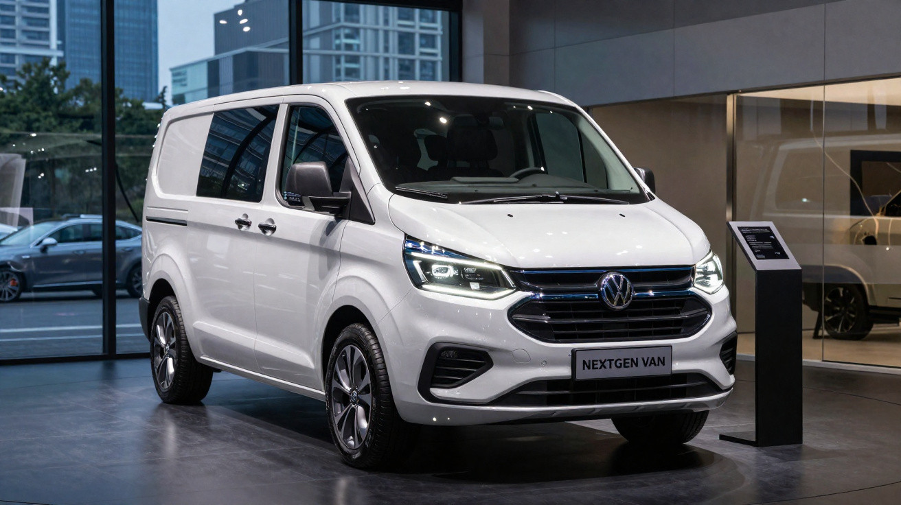 Furgão Volkswagen cinzento prateado modelo NEXTGEN VAN em exposição num showroom moderno.