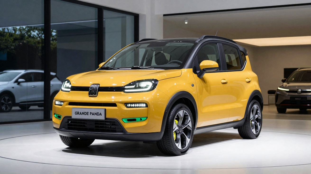 Carro Fiat Grande Panda amarelo, compacto, estacionado em espaço interior moderno e iluminado.