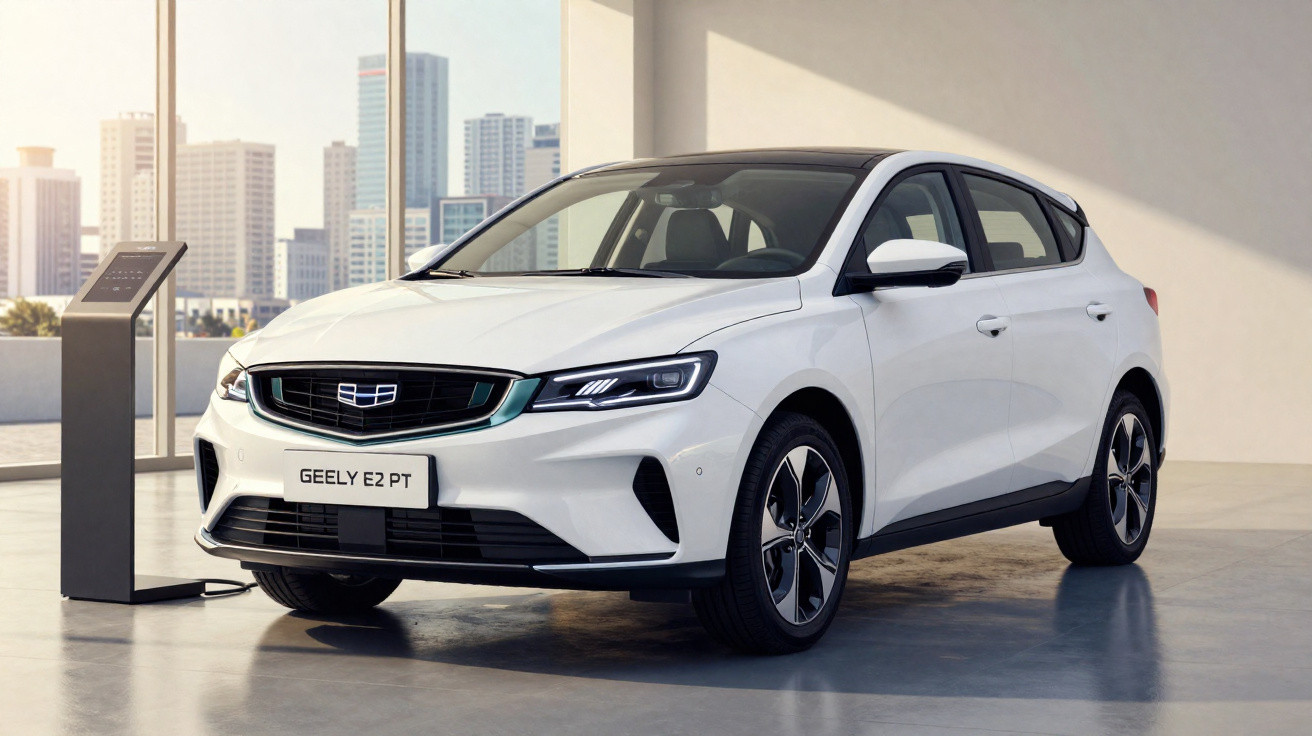 Carro elétrico branco Geely E PT estacionado em garagem moderna com estação de carregamento ao lado.