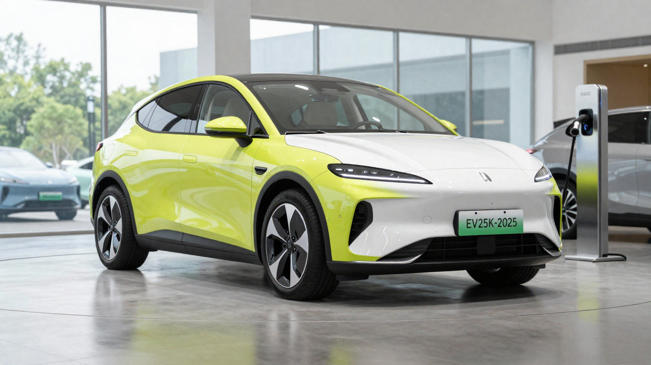 Carro elétrico moderno de cor amarelo com branco numa exposição interior junto a estação de carregamento.