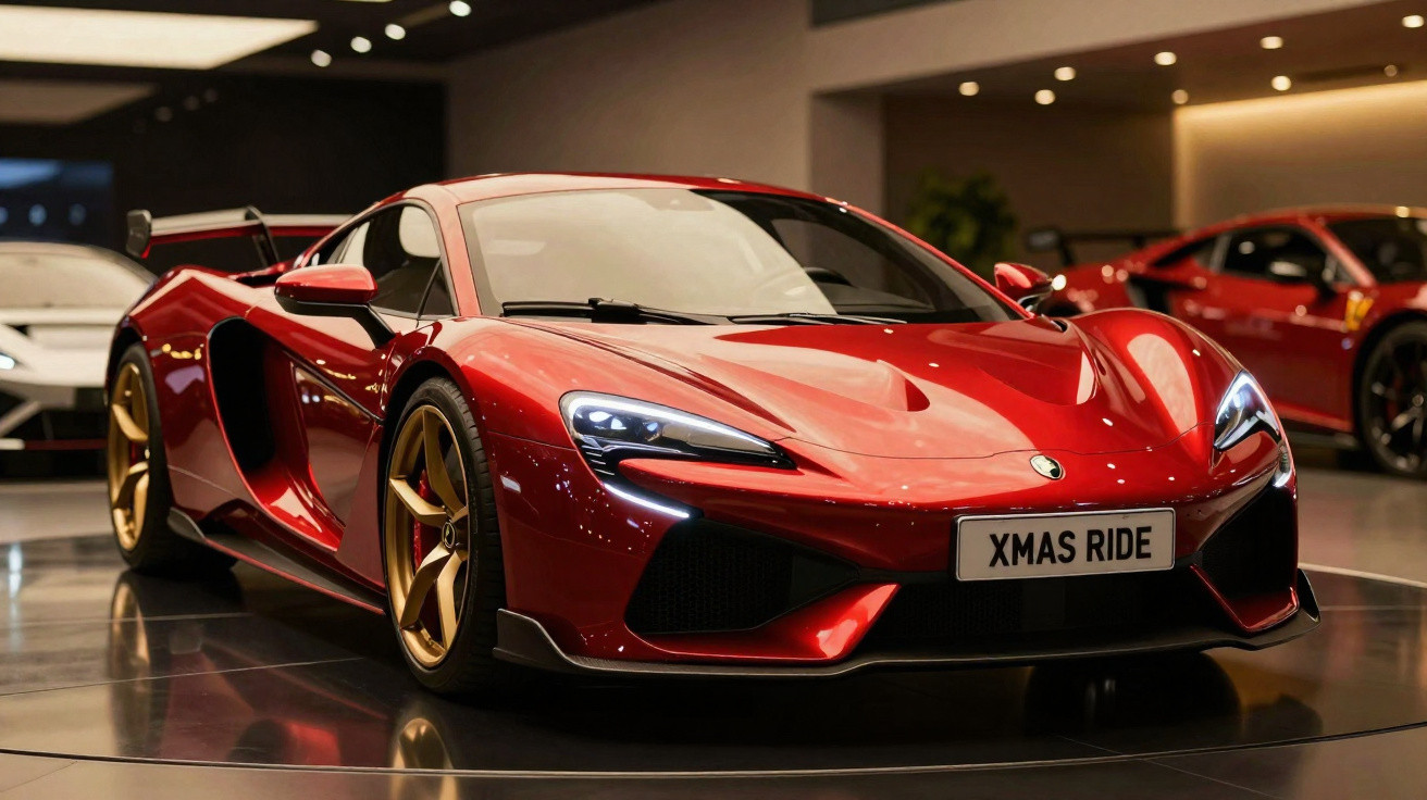 Carro desportivo vermelho com rodas douradas e placa personalizada "XMAS RIDE" em exposição interior.