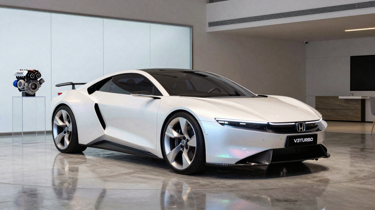 Carro desportivo elétrico branco da Honda V3 Turbo exposto em sala moderna com motores em pedestais.