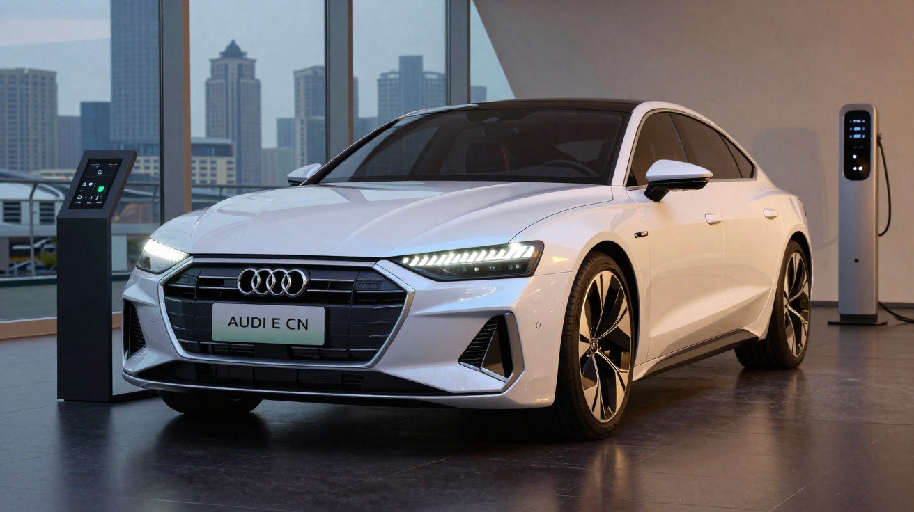 Carro elétrico Audi branco estacionado em showroom com painéis de controlo e vista para edifícios altos ao fundo.