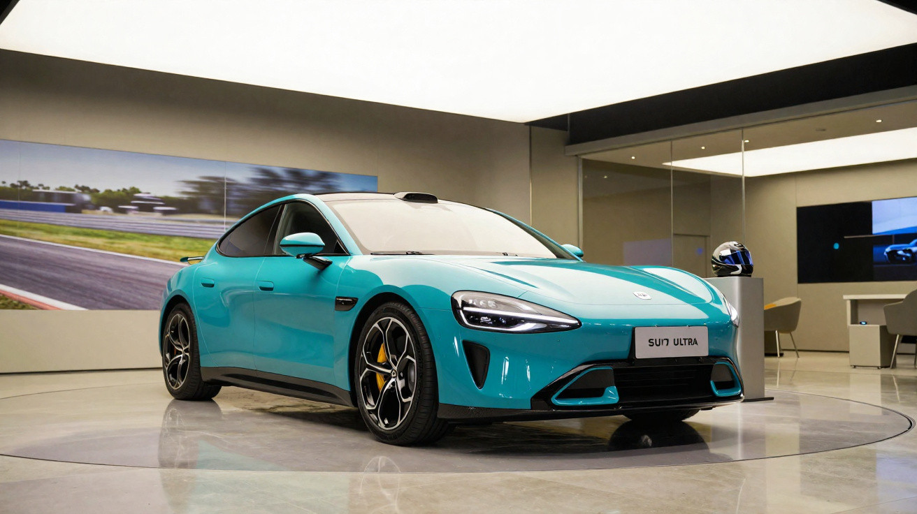 Carro elétrico desportivo azul exibido numa sala de exposição moderna com iluminação suave.