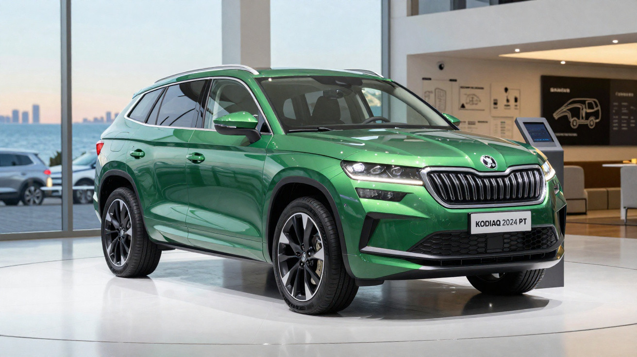 Carro SUV verde Skoda Kodiaq 2024 estacionado em showroom com janelas amplas e vista para a cidade.