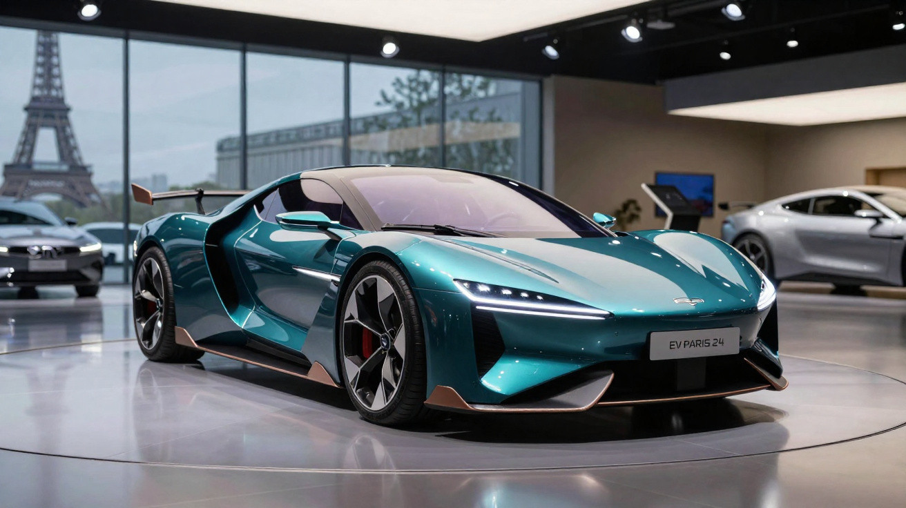 Carro desportivo elétrico verde metálico exposto num salão automóvel com a Torre Eiffel ao fundo.