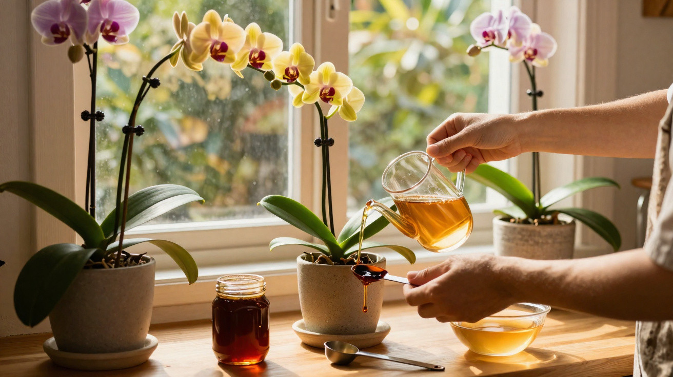 Pessoa a regar orquídea amarela junto de orquídeas brancas no parapeito de janela com luz natural.