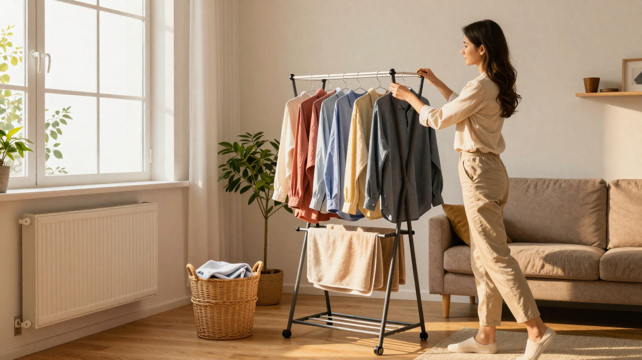 Mulher a organizar camisas num cabide de chão numa sala iluminada com janela e sofá.