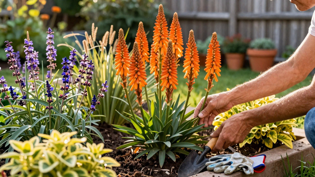 Pessoa com luvas a cuidar de flores laranja e outras flores em jardim com terra cultivada.