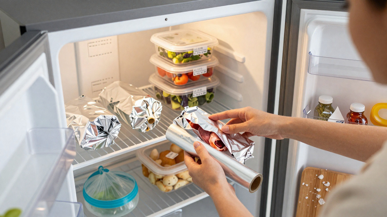 Pessoa a guardar alimentos em papel de alumínio dentro de frigorífico com recipientes de legumes e verduras.