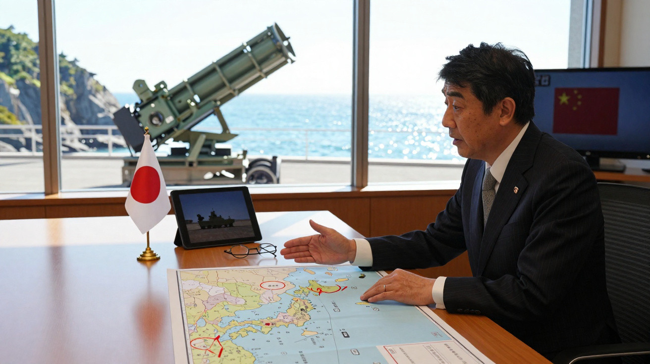 Homem sentado à mesa apresenta mapa do Japão com bandeira japonesa em fundo com mar e dispositivo militar.