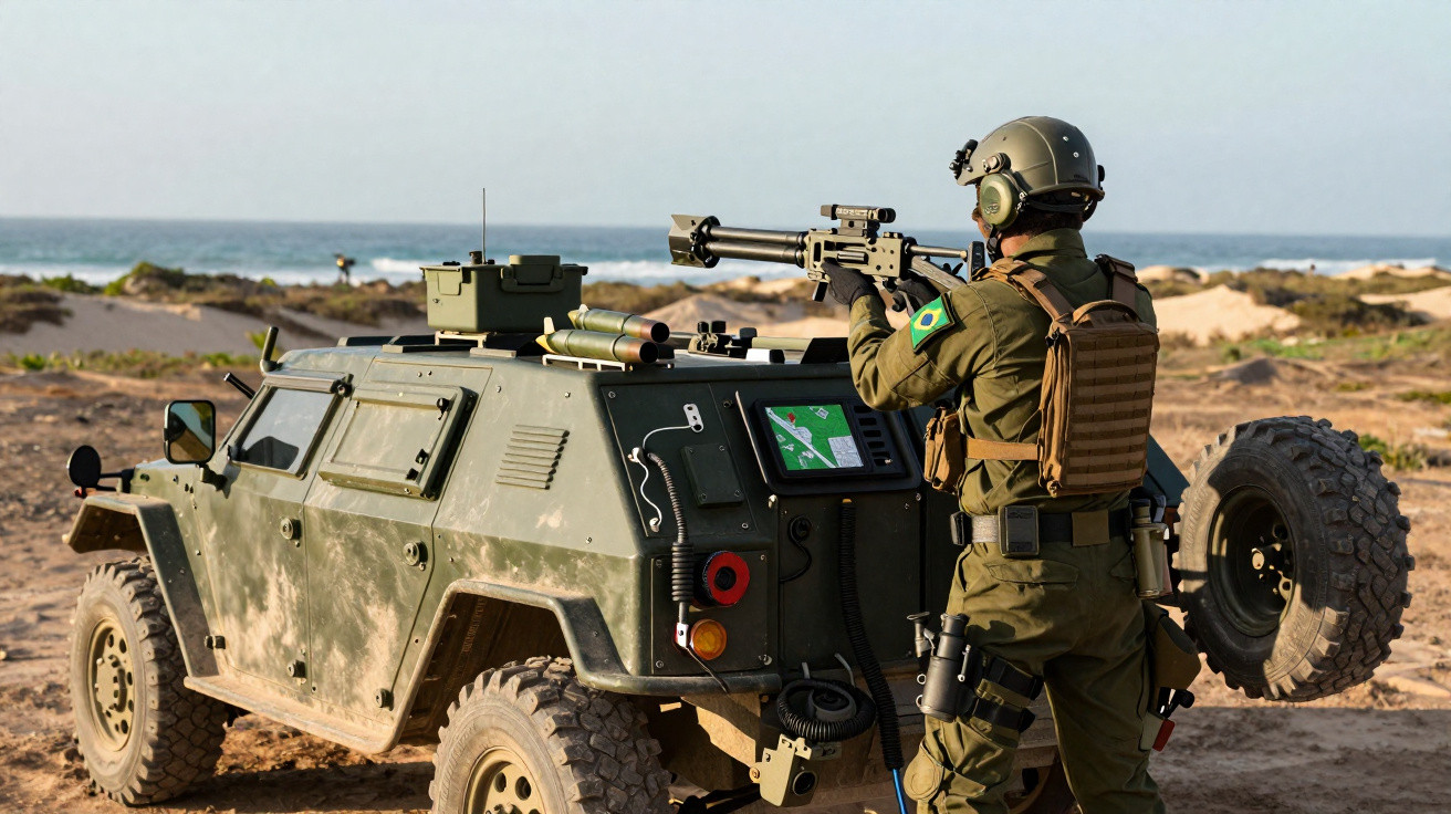 Soldado com uniforme camuflado e capacete prepara lança-foguetes junto a veículo militar na praia.