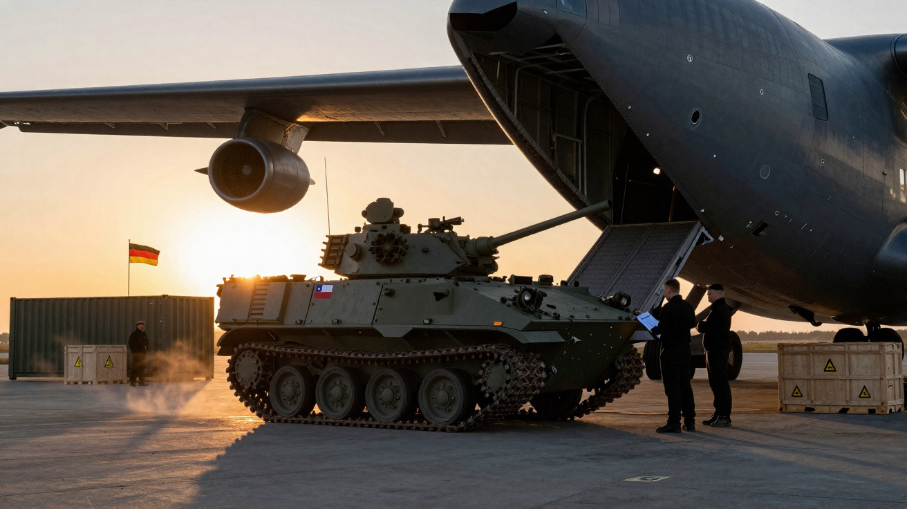 Tanque militar verde a ser descarregado de um avião de transporte militar, com duas pessoas a conversar perto.