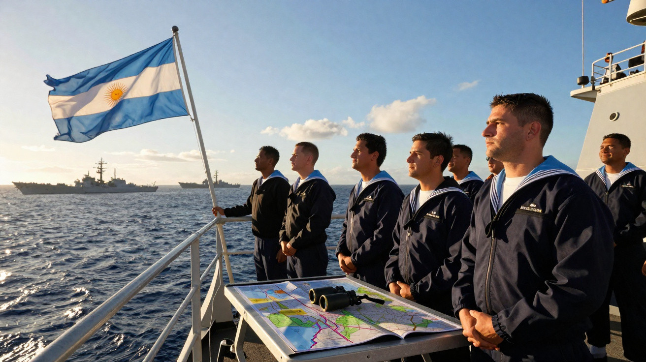 Marinheiros argentinos de uniforme a bordo de um navio com bandeira da Argentina e mapas náuticos.