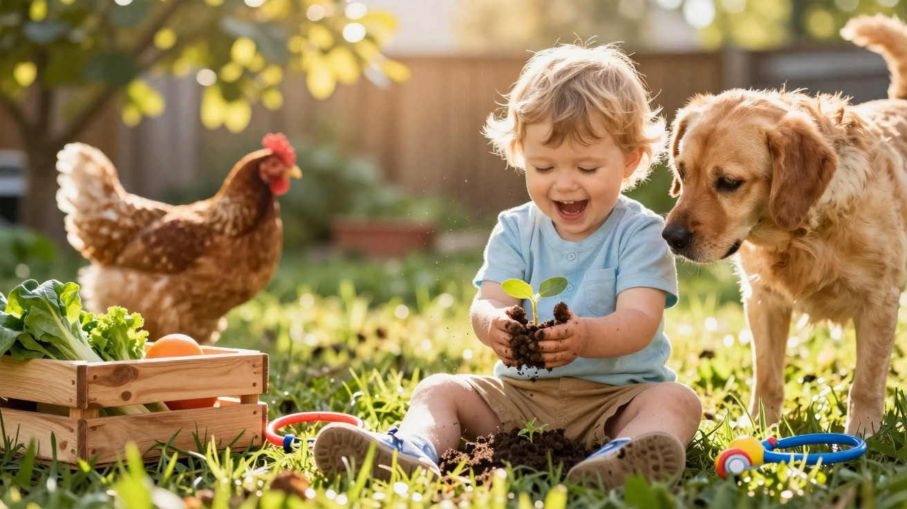 Criança sorridente a brincar com planta e terra no jardim, com galinha e cão ao lado.
