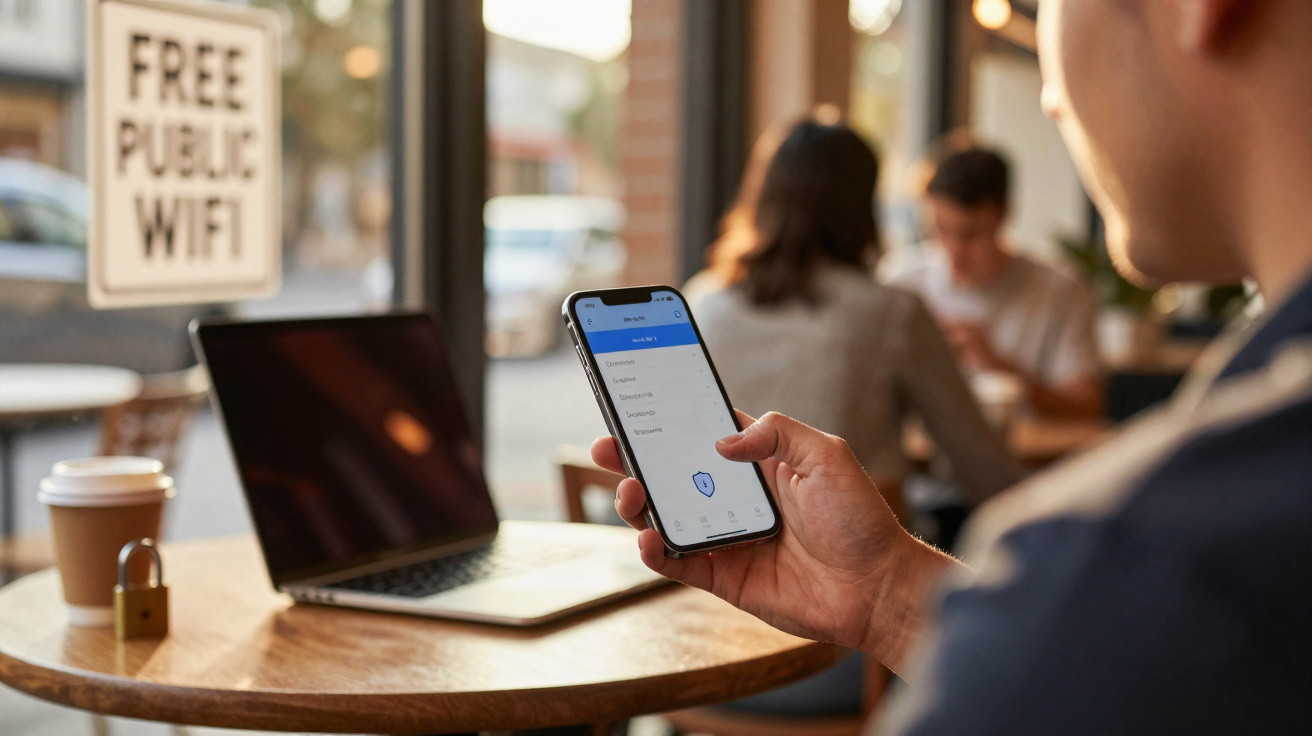 Pessoa ativa ligação Wi-Fi num café com sinal público grátis visível na janela ao pôr do sol.