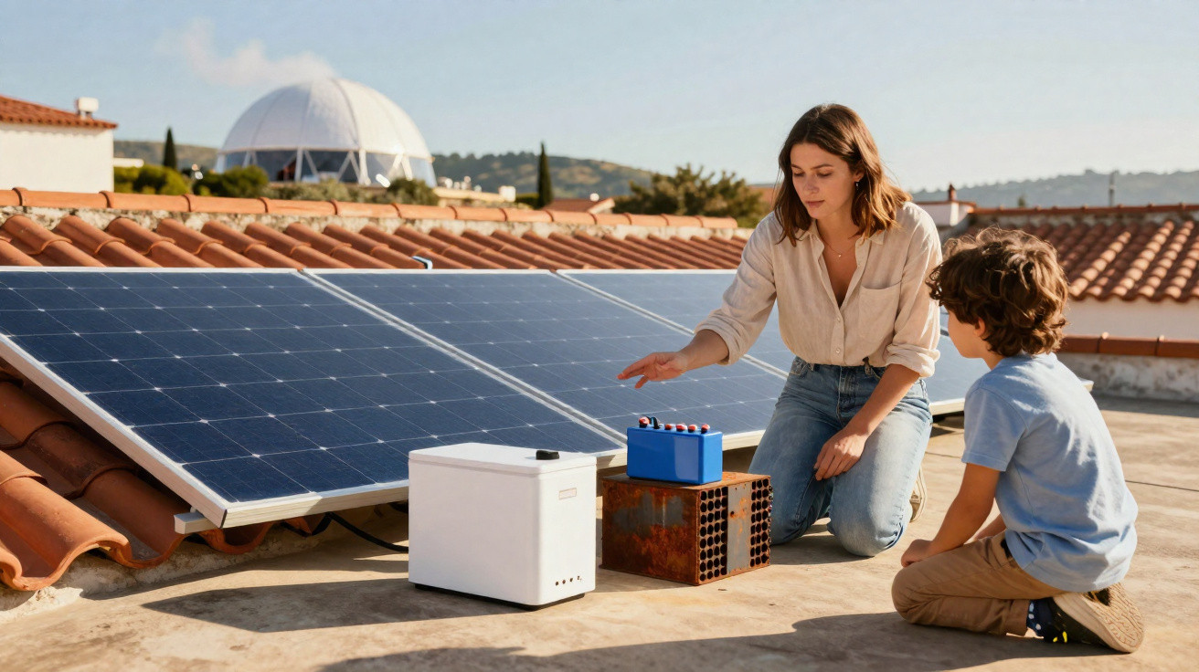 Mulher e menino observam painéis solares instalados numa cobertura com paisagem urbana ao fundo.