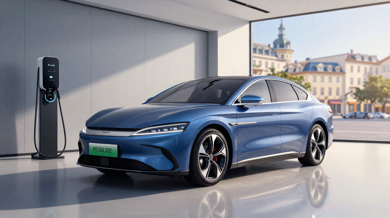 Carro elétrico azul estacionado numa sala moderna com postes de carregamento e fachada envidraçada.