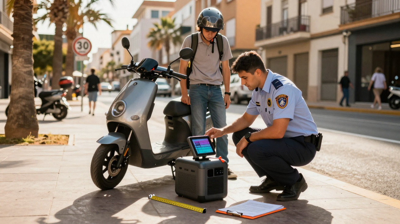 Dois polícias em uniforme avaliam dados num dispositivo digital junto a uma mota estacionada numa calçada urbana.