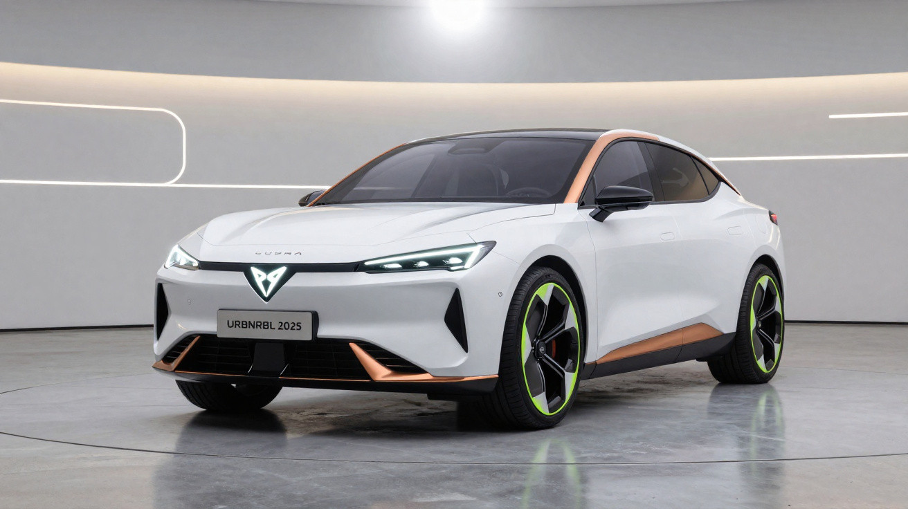 Carro elétrico desportivo branco com detalhes verdes e cor bronze, modelo Urbán RBL 2025 numa sala moderna e minimalista.