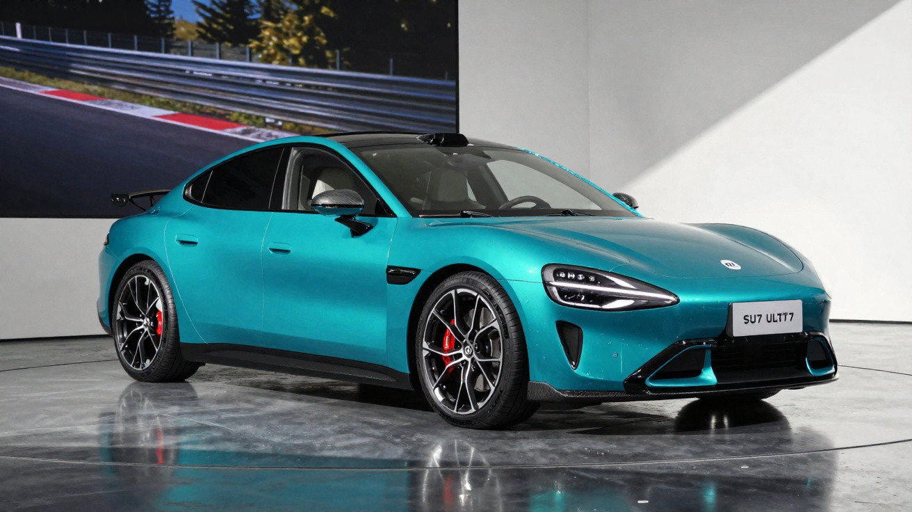 Carro desportivo elétrico azul-turquesa estacionado em piso reflexivo com estúdio moderno ao fundo.