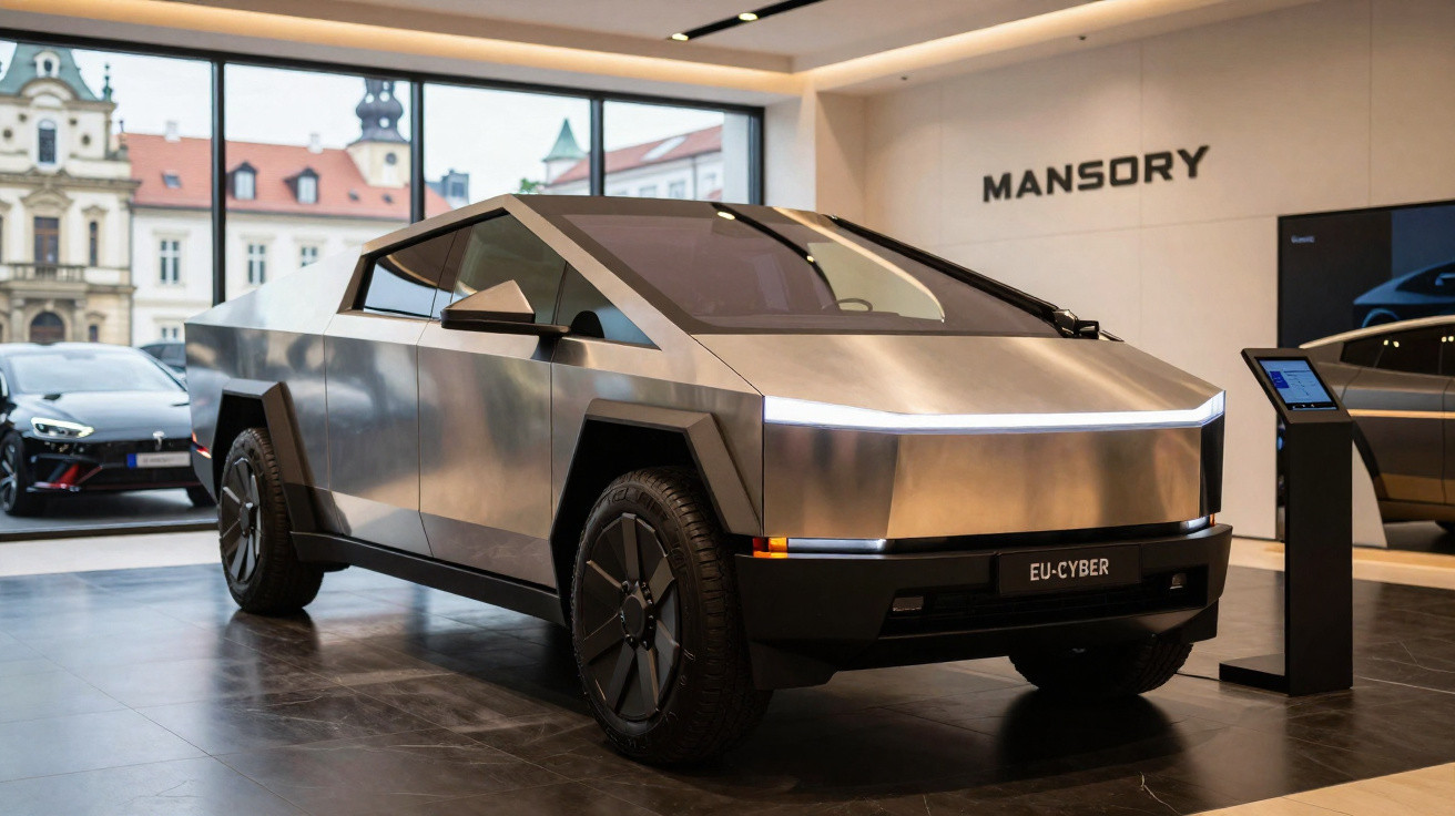 Carro elétrico Tesla Cybertruck com design futurista e linhas angulares em exposição interior.