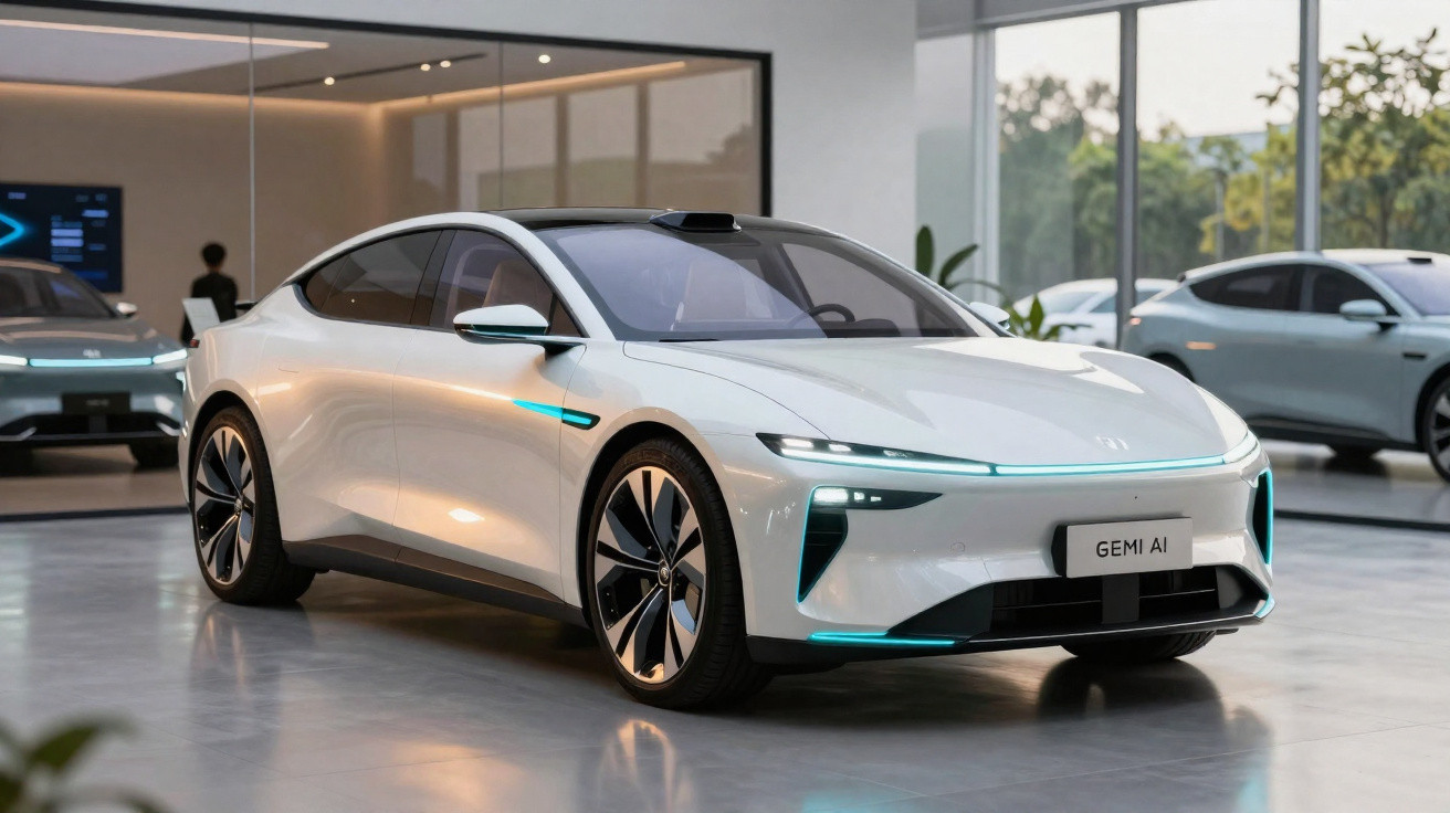 Carro elétrico desportivo branco com design futurista, estacionado em espaço moderno e minimalista.