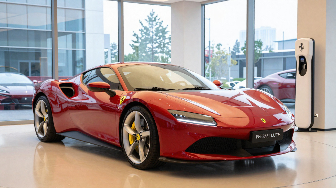Carro desportivo Ferrari vermelho estacionado em showroom moderno com logotipo da Ferrari na parede.