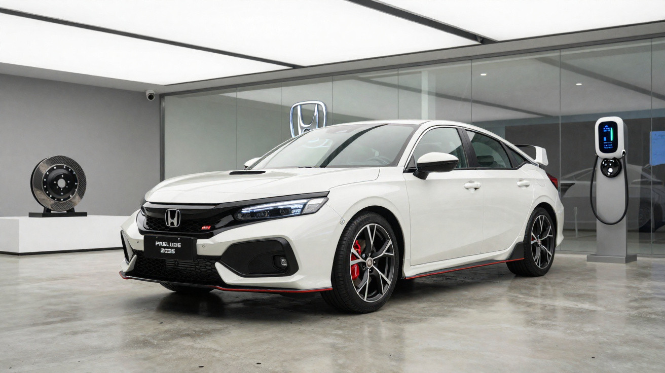Carro Honda Prelude 2025 branco estacionado numa sala moderna com carregador elétrico na parede.