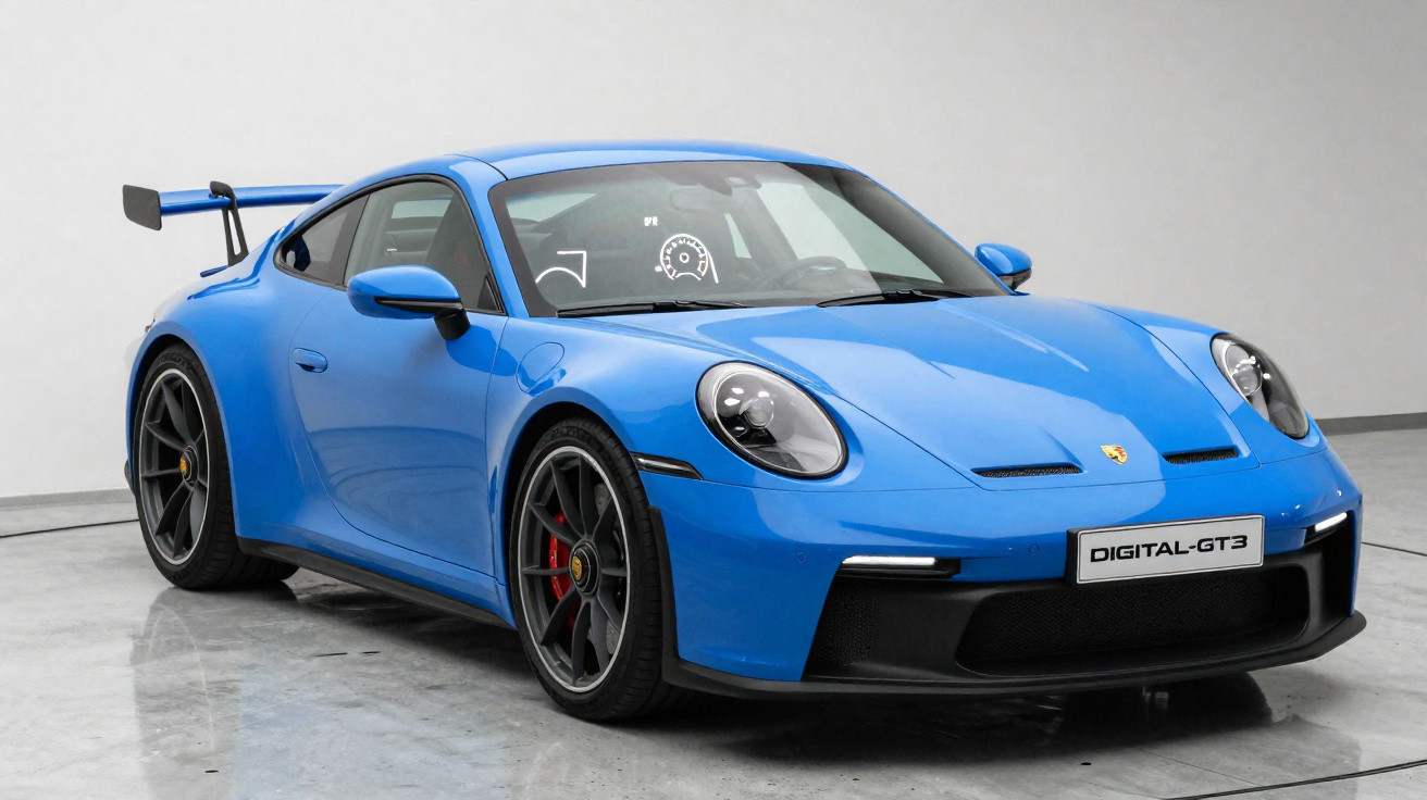 Carro desportivo azul Porsche com asa traseira grande e design aerodinâmico em estúdio com fundo branco.