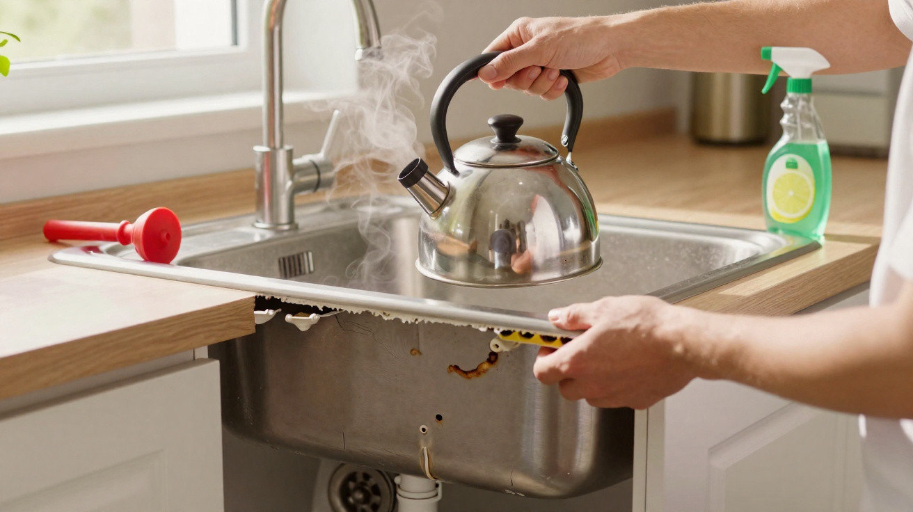 Mãos seguram um jarro a vapor sobre uma pia na cozinha com utensílios ao redor.