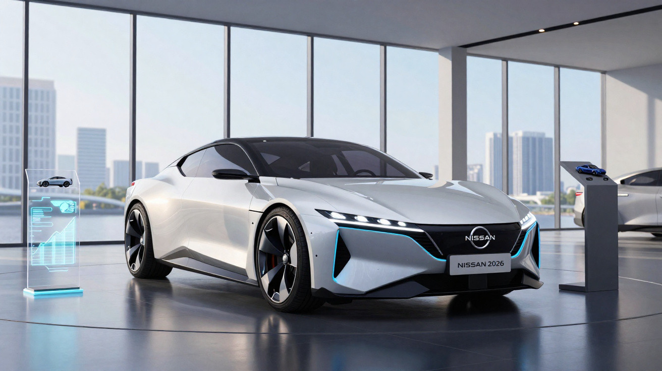 Carro elétrico Nissan 2026 branco exposto numa sala moderna com janelas grandes e vista urbana.