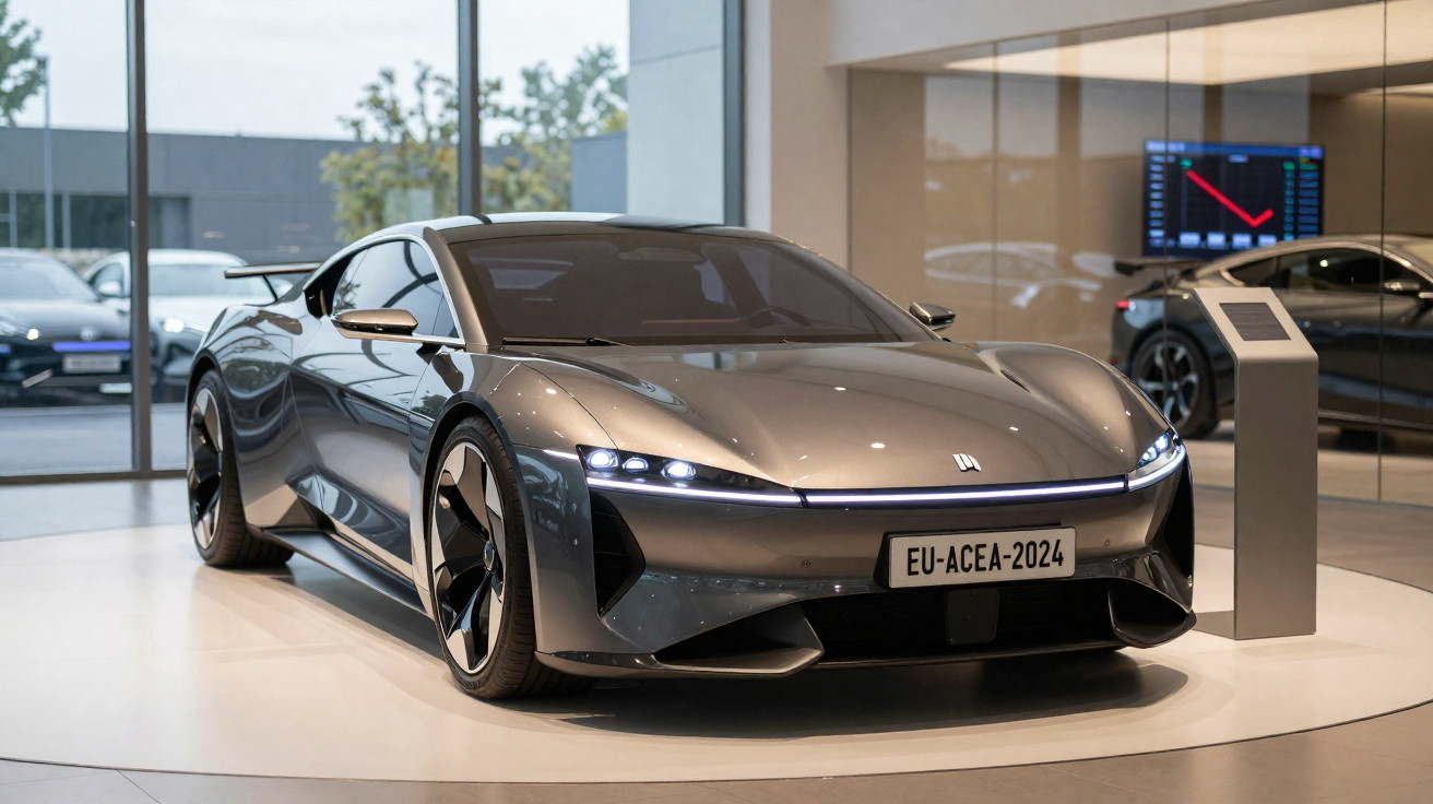 Carro desportivo cinzento metálico com detalhes negros exposto numa sala luminosa de exposição automóvel.