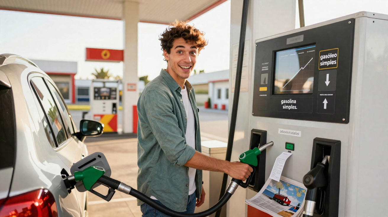 Homem sorridente abastece carro com gasolina numa bomba de um posto de combustível ao ar livre.