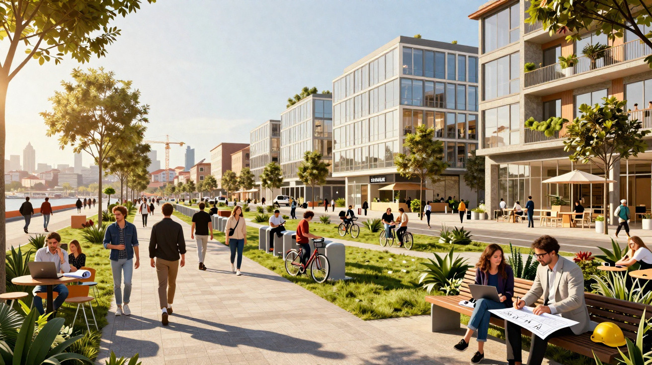 Área urbana moderna com pessoas a passear, trabalhar em dispositivos e bicicletas junto a edifícios e rio.