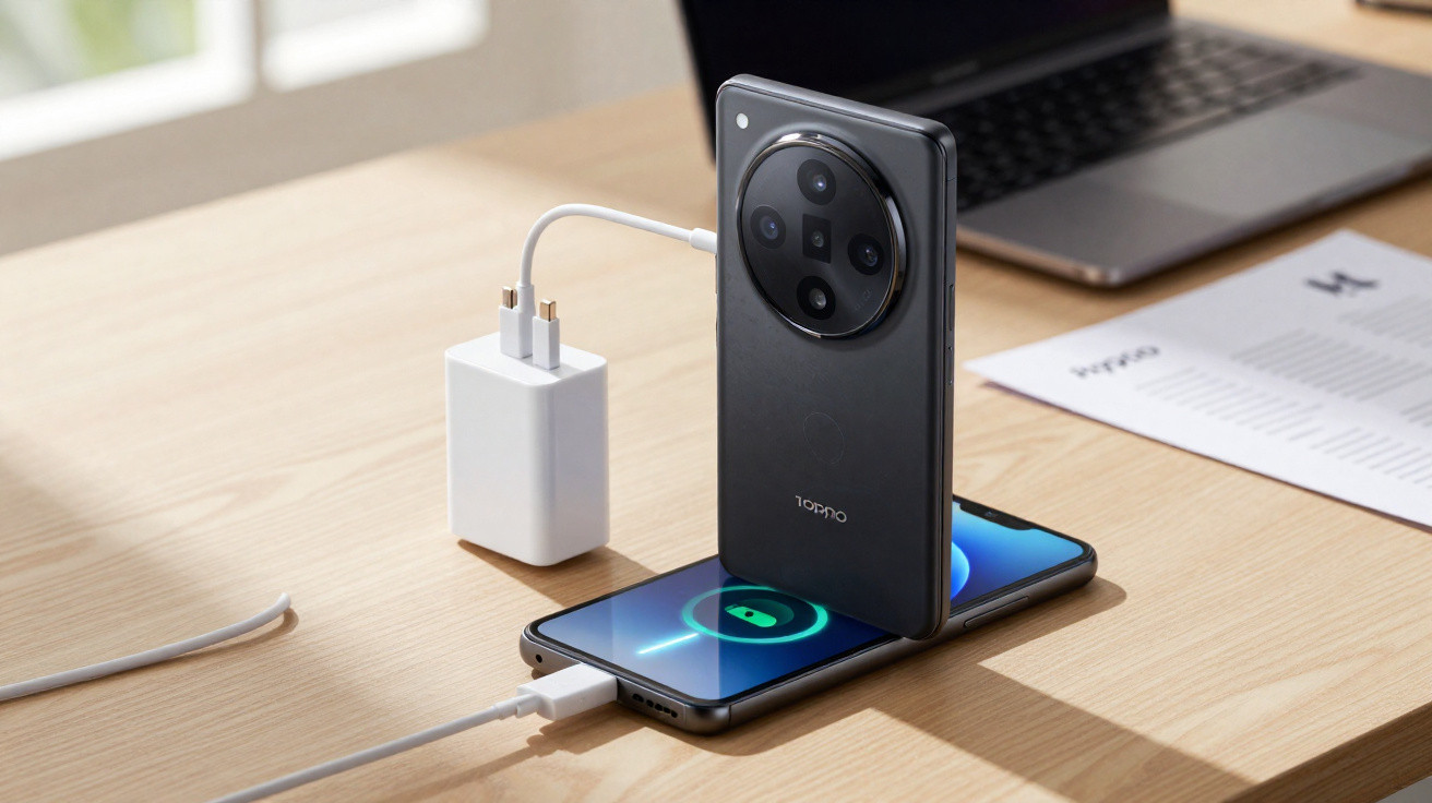 Smartphone a carregar com cabo ligado a carregador branco numa mesa de madeira junto a um portátil.