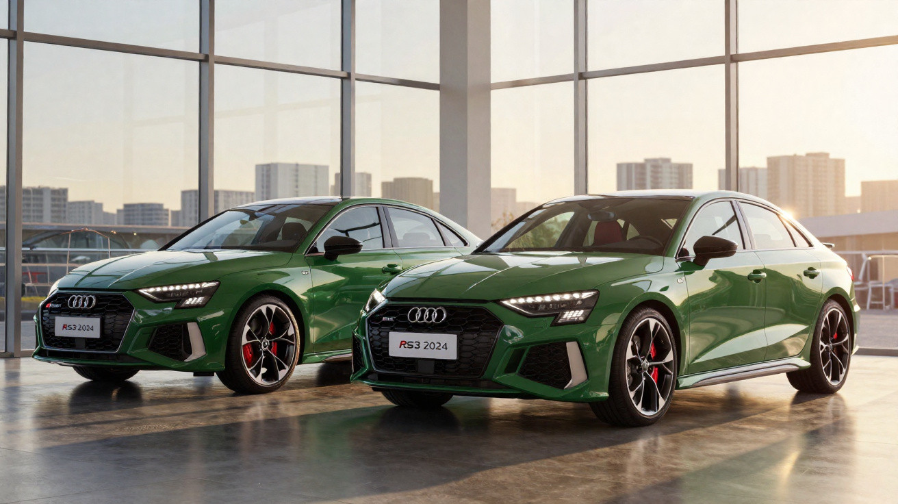 Dois carros Audi RS3 verdes estacionados em interior moderno com grandes janelas e vista para cidade ao pôr do sol.