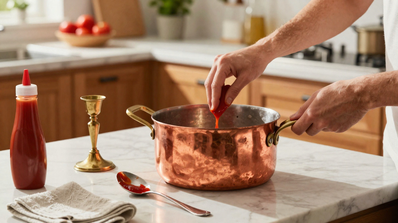 Pessoa a adicionar molho vermelho numa panela de cobre numa cozinha moderna.
