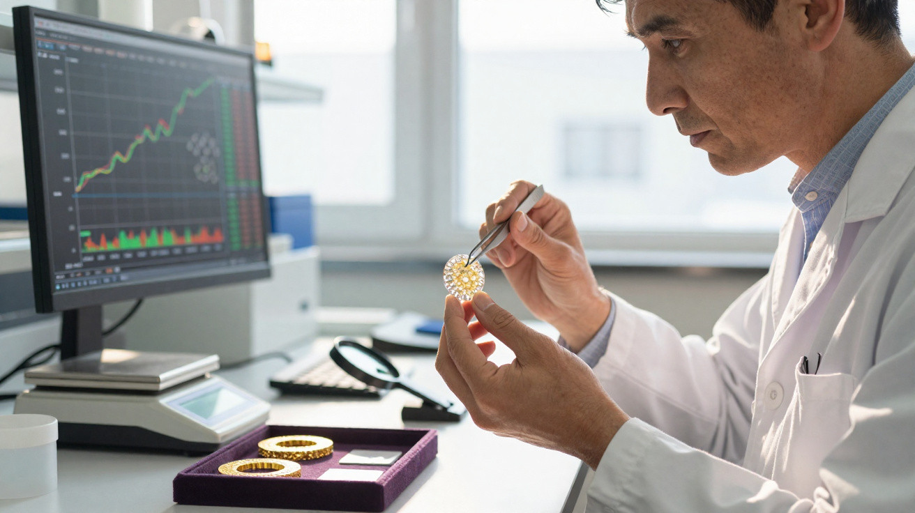 Homem em bata branca analisa peça de diamantes com pinça num laboratório, com gráfico no ecrã do computador.