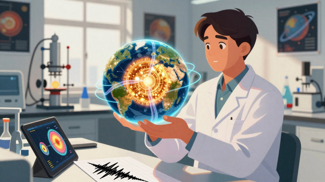 Cientista em laboratório a analisar holograma da Terra com dados digitais em ambiente tecnológico.