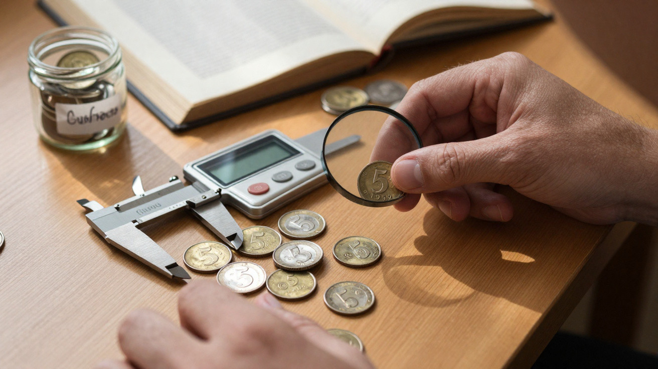 Mãos a medir moedas antigas com paquímetro e lupa numa mesa com livro, jarro e calculadora digital.