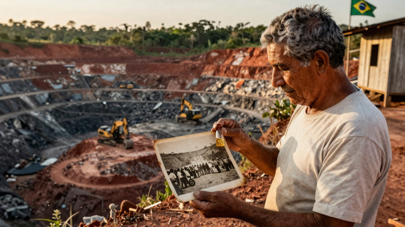 Homem observa fotografia antiga numa mina a céu aberto com máquinas de escavação ao fundo e bandeira do Brasil.
