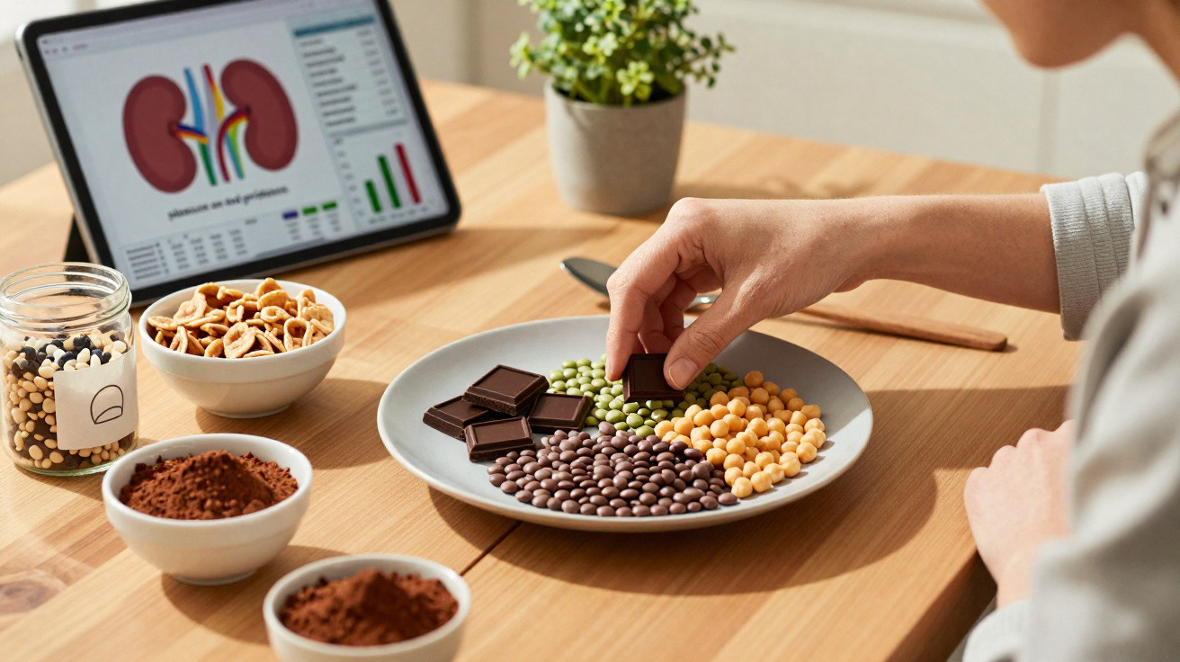 Pessoa com peça de chocolate numa mão com alimentos variados e tablet a mostrar rins numa mesa de madeira.