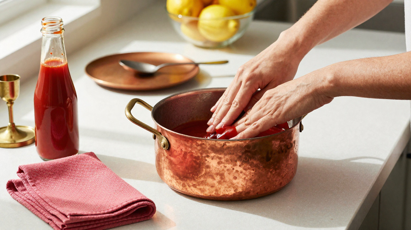 Mãos a mergulhar tomates num tacho de cobre com líquido vermelho, sobre bancada com toalha vermelha e garrafa.