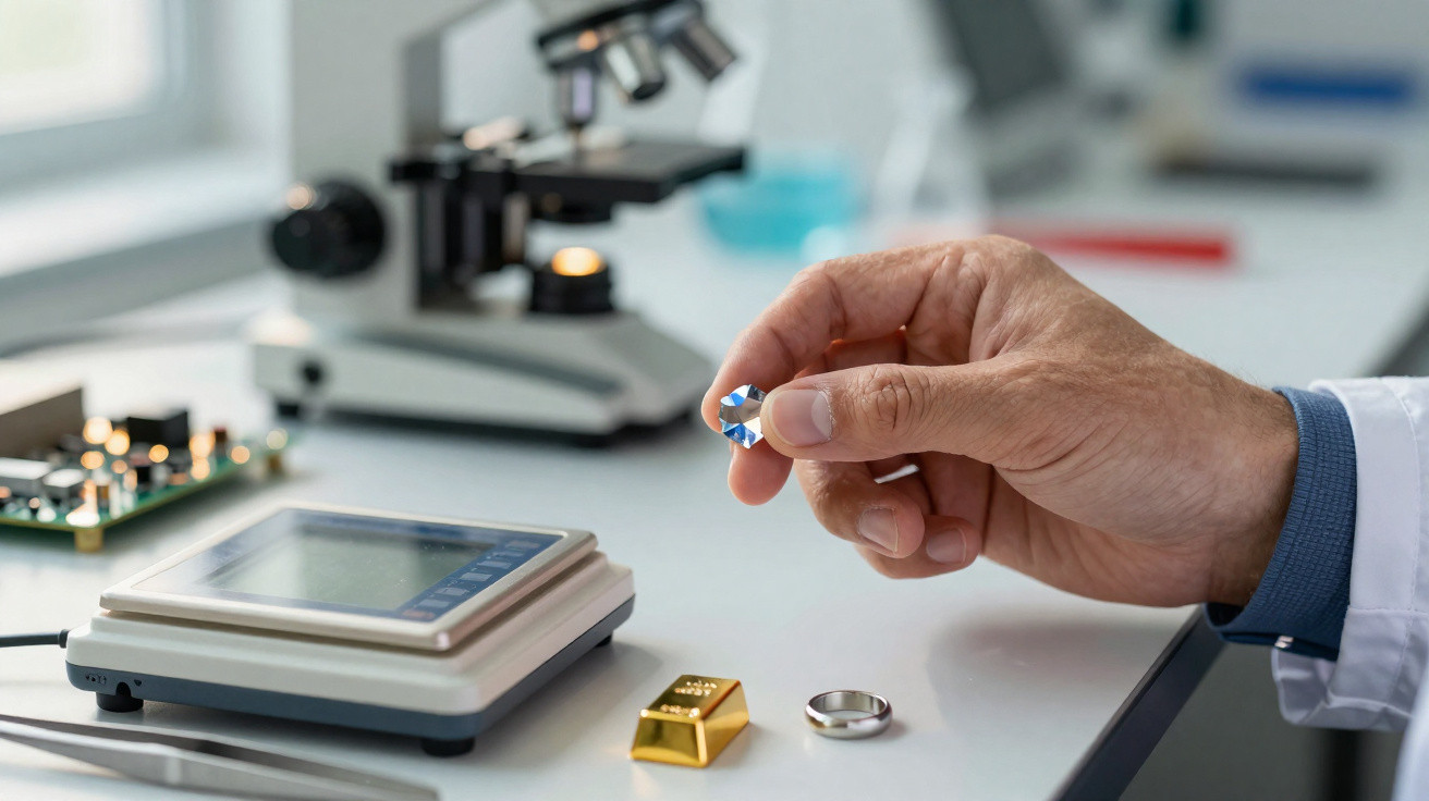 Mão de homem a segurar um diamante em laboratório com balança, anel e barra de ouro numa mesa branca.
