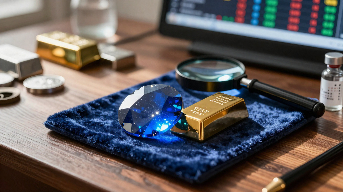 Lingote de ouro, joia azul em forma de diamante, lupa e caderno numa mesa de madeira com ecrã ao fundo.