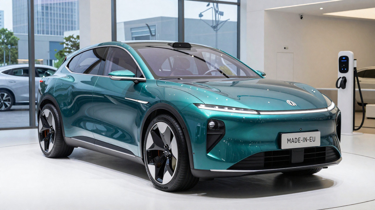 Carro elétrico verde metálico com design moderno e elegante exposto em showroom.