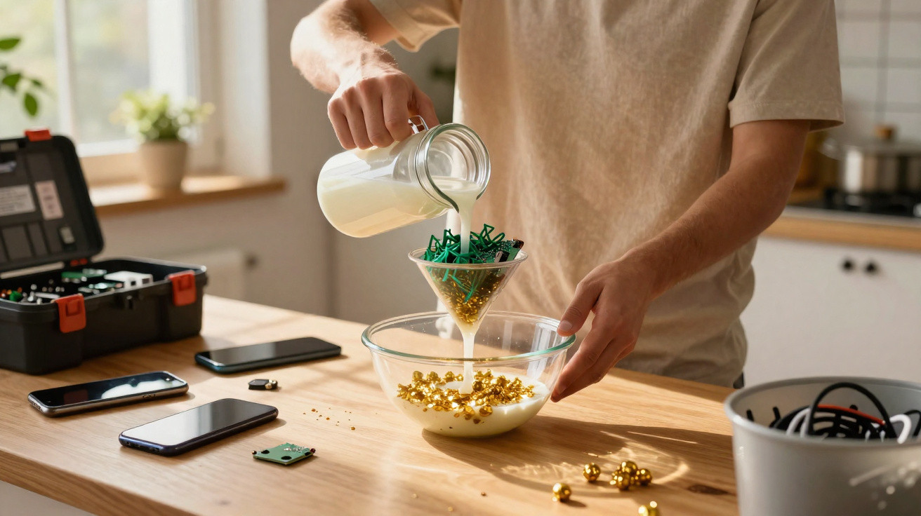 Pessoa a verter leite numa tigela com lâmpadas douradas e clips verdes numa cozinha iluminada.