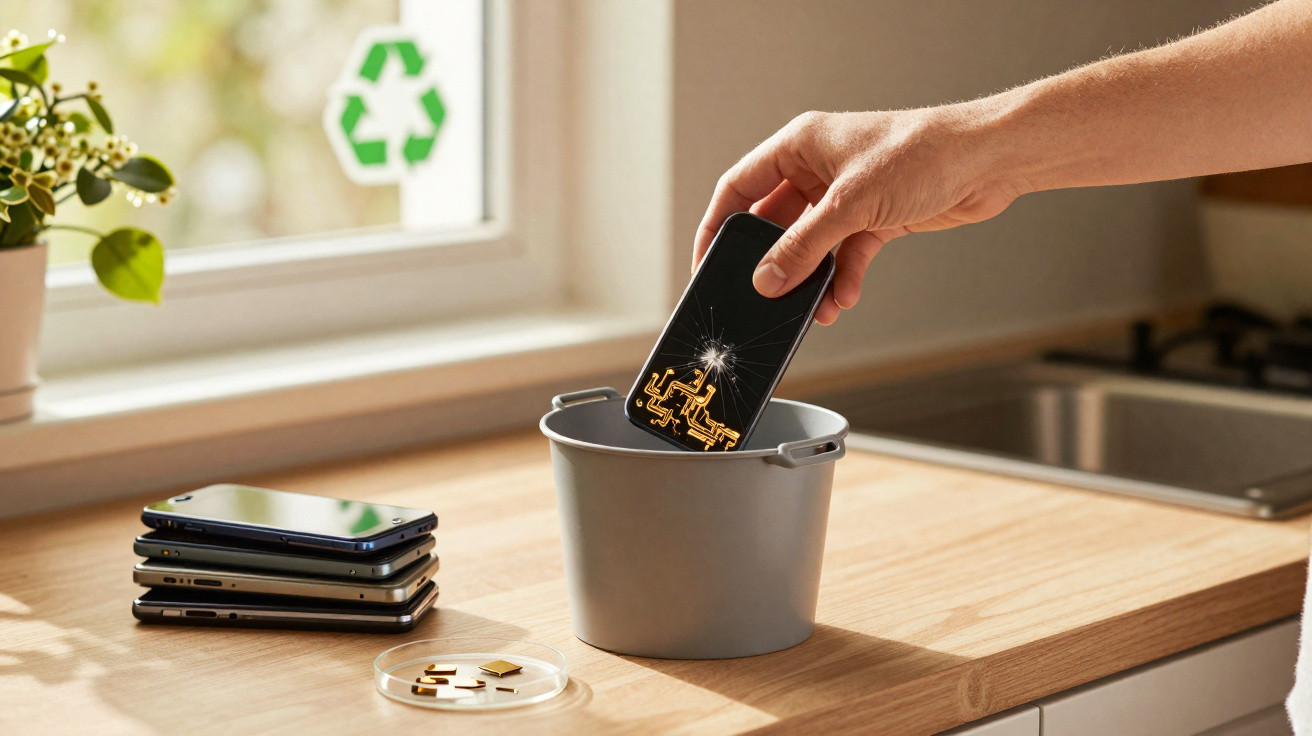 Pessoa a colocar telemóvel antigo num contentor cinzento, com outros telemóveis empilhados numa bancada de cozinha.